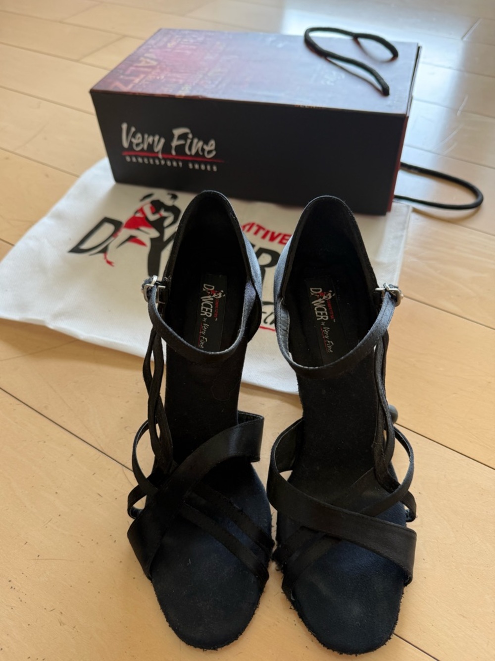 Black Satin Strappy Dance Heels by Very Fine Dancesport Shoes